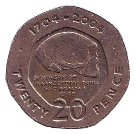 Монета 20 пенсов. 2004 год, Гибралтар. 300 лет захвату Гибралтара. Открытие черепа неандертальца на Гибралтаре.