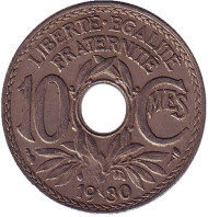 Монета 10 сантимов. 1930 год, Франция. Монета 10 сантимов. 1930 год, Франция.