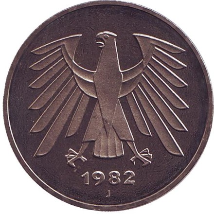 Монета 5 марок. 1982 год (J), Германия. Монета 5 марок. 1982 год (J), Германия.