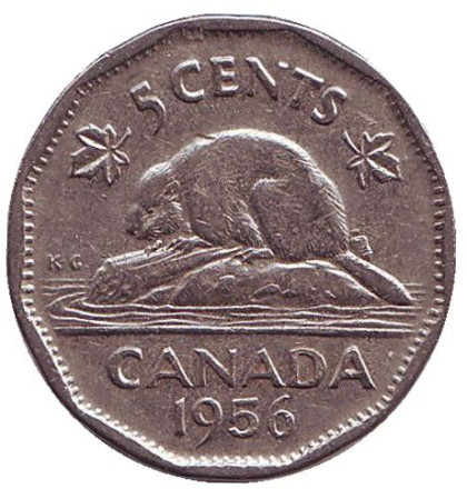 Монета 5 центов, 1956 год, Канада. Бобр.