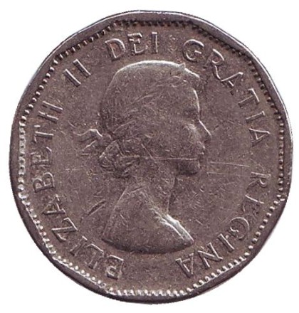 Монета 5 центов, 1956 год, Канада. Бобр.