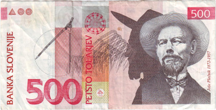 Банкнота 500 толаров. 2001 год, Словения. Йоже Плечник.