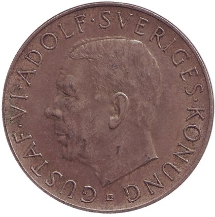 Монета 5 крон. 1952 год, Швеция. 70 лет со дня рождения Густава VI Адольфа. Монета 5 крон. 1952 год, Швеция. 70 лет со дня рождения Густава VI Адольфа.