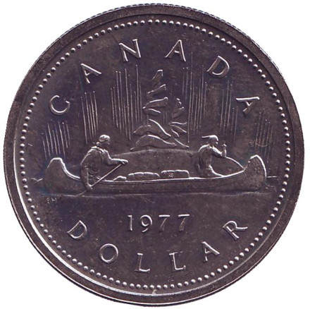 Монета 1 доллар. 1977 год, Канада. Индейцы в каноэ.