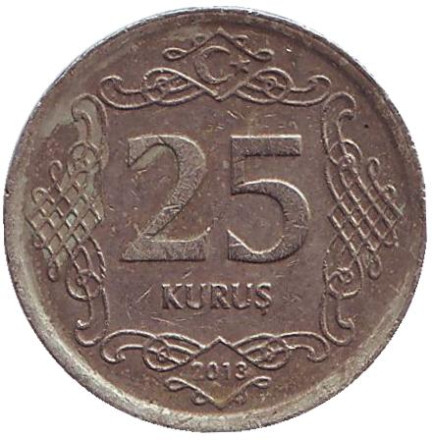 Монета 25 курушей. 2013 год, Турция.