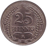 Монета 25 пфеннигов. 1912 год (A), Германская империя. Монета 25 пфеннигов. 1912 год (A), Германская империя.