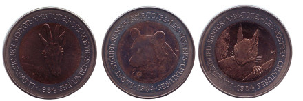 Белка, Медведь, Горный козёл. Набор из 3-х монет номиналом 2 динера. 1984 год, Андорра.