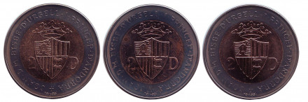 Набор из 3-х монет номиналом 2 динера. 1984 год, Андорра. Белка, Медведь, Горный козёл. Набор из 3-х монет номиналом 2 динера. 1984 год, Андорра. Белка, Медведь, Горный козёл.