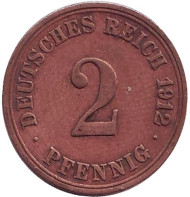 Монета 2 пфеннига. 1912 год (А), Германская империя. Монета 2 пфеннига. 1912 год (А), Германская империя.