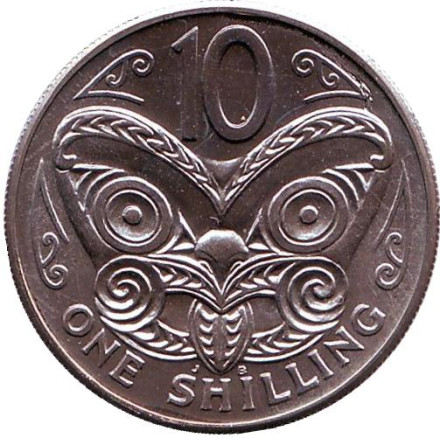 Монета 10 центов. 1969 год, Новая Зеландия. UNC. Маска маори.