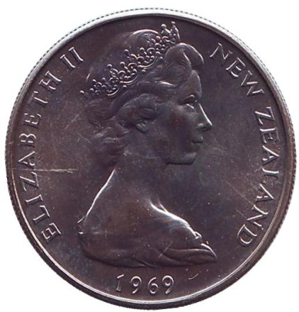 Монета 10 центов. 1969 год, Новая Зеландия. UNC. Маска маори. Монета 10 центов. 1969 год, Новая Зеландия. UNC. Маска маори.
