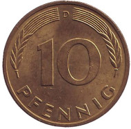 Монета 10 пфеннигов. 1981 год (D), ФРГ. Дубовые листья. Монета 10 пфеннигов. 1981 год (D), ФРГ. Дубовые листья.