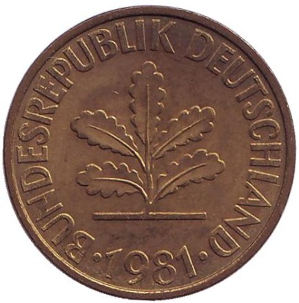 Монета 10 пфеннигов. 1981 год (D), ФРГ. Дубовые листья.