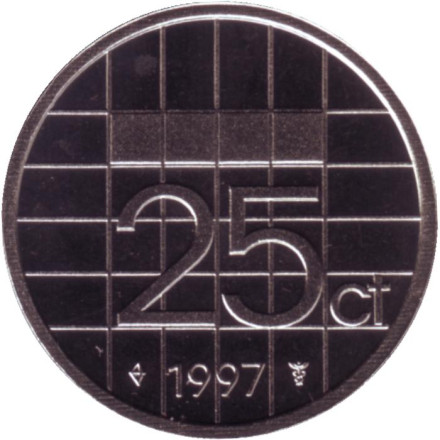 Монета 25 центов. 1997 год, Нидерланды. BU.