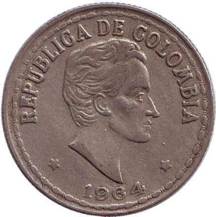 Монета 20 сентаво. 1964 год, Колумбия. Монета 20 сентаво. 1964 год, Колумбия.