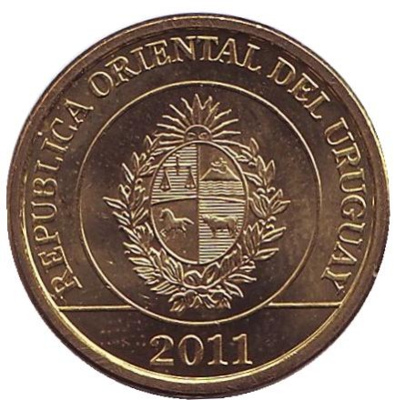 Монета 1 песо. 2011 год, Уругвай. aUNC. Броненосец. Монета 1 песо. 2011 год, Уругвай. aUNC. Броненосец.