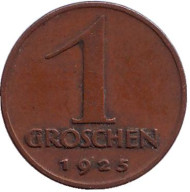 Монета 1 грош. 1925 год, Австрия. Монета 1 грош. 1925 год, Австрия.