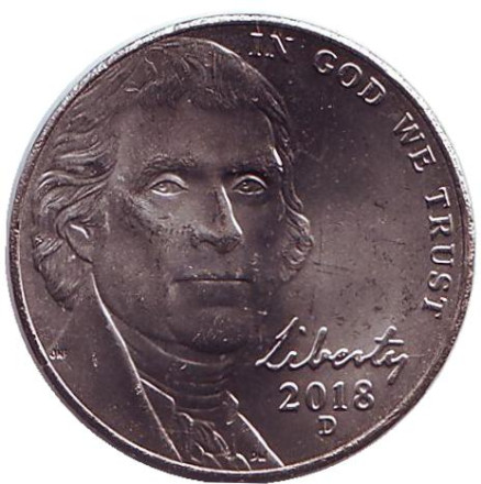 Монета 5 центов. 2018 год (D), США. Джефферсон. Монтичелло.