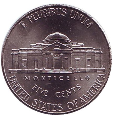 Монета 5 центов. 2018 год (D), США. Джефферсон. Монтичелло. Монета 5 центов. 2018 год (D), США. Джефферсон. Монтичелло.