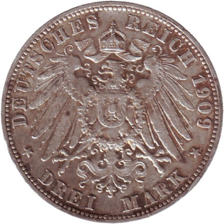 Монета 3 марки. 1909 год, Германская империя. Вюртемберг. Монета 3 марки. 1909 год, Германская империя. Вюртемберг.