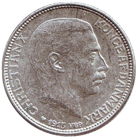 Монета 1 крона. 1915 год, Дания. Король Кристиан X.