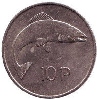Монета 10 пенсов. 1969 год, Ирландия. Лосось. Монета 10 пенсов. 1969 год, Ирландия. Лосось.