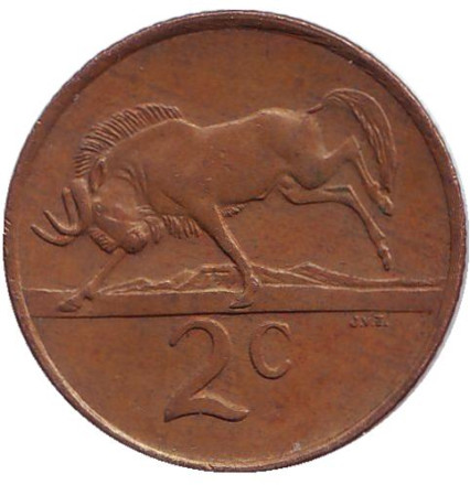 Монета 2 цента. 1984 год, Южная Африка. Белохвостый гну.