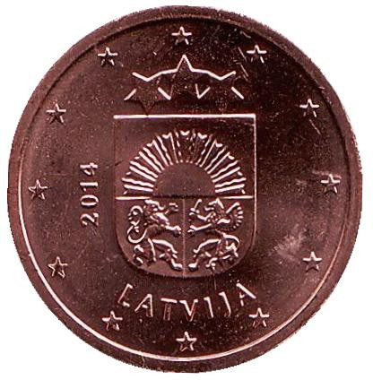 Монета 2 цента, 2014 год, Латвия.