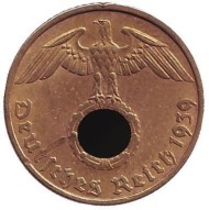 Монета 5 рейхспфеннигов. 1939 год, Германия (Третий Рейх). (F). Монета 5 рейхспфеннигов. 1939 год, Германия (Третий Рейх). (F).