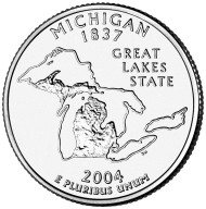 Монета 25 центов (P). 2004 год, США. Мичиган. Штат № 26. Монета 25 центов (P). 2004 год, США. Мичиган. Штат № 26.