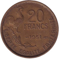Монета 20 франков. 1951 год, Франция. Монета 20 франков. 1951 год, Франция.