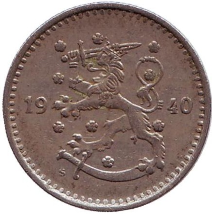 Монета 1 марка. 1940 год, Финляндия.