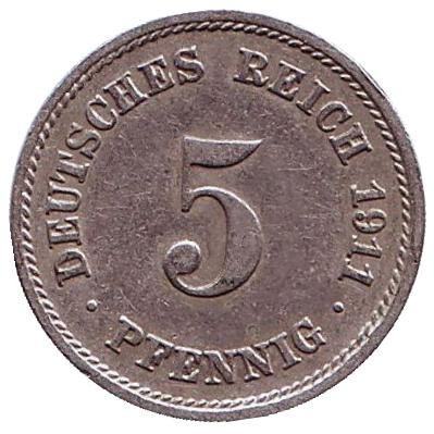 Монета 5 пфеннигов. 1911 год (F), Германская империя.