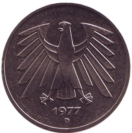 Монета 5 марок. 1977 год (D), ФРГ. Монета 5 марок. 1977 год (D), ФРГ.