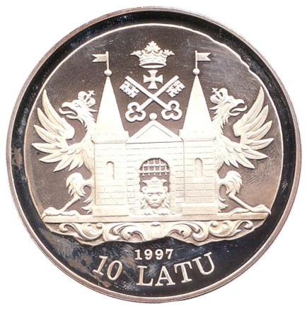 Монета 10 латов. 1997 год, Латвия. 800 лет Риге. XVIII век. Монета 10 латов. 1997 год, Латвия. 800 лет Риге. XVIII век.
