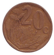 Монета 20 центов. 2000 год, ЮАР. (Новый тип) Цветок протея. Монета 20 центов. 2000 год, ЮАР. (Новый тип) Цветок протея.