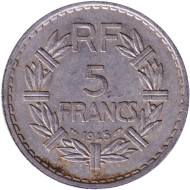 Монета 5 франков. 1945 год (С), Франция. Редкая! Монета 5 франков. 1945 год (С), Франция. Редкая!