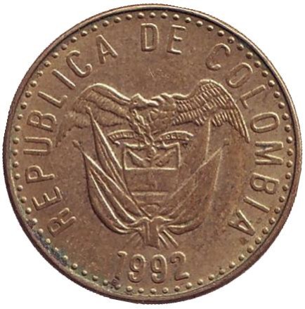 Монета 20 песо. 1992 год, Колумбия. Монета 20 песо. 1992 год, Колумбия.