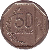 Монета 50 сентимов. 2003 год, Перу. Монета 50 сентимов. 2003 год, Перу.