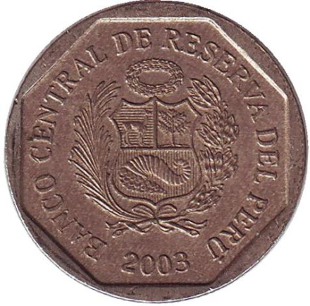 Монета 50 сентимов. 2003 год, Перу. Монета 50 сентимов. 2003 год, Перу.