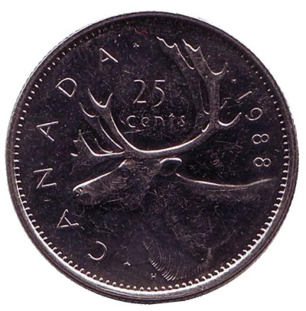 Монета 25 центов. 1988 год, Канада. aUNC. Канадский олень (Карибу).