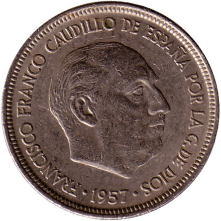 Монета 5 песет. 1957 год, Испания. (70 внутри звезды).