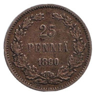 Монета 25 пенни. 1890 год, Финляндия в составе Российской Империи. Монета 25 пенни. 1890 год, Финляндия в составе Российской Империи.