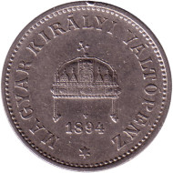 Монета 20 филлеров. 1894 год, Австро-Венгерская империя. Венгерский тип.