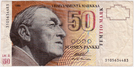 Банкнота 50 марок. 1986 год, Финляндия. (Litt.A). Алвар Аалто.