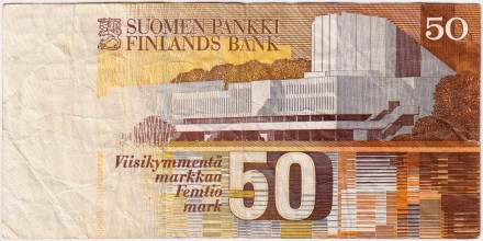 Банкнота 50 марок. 1986 год, Финляндия. (Litt.A). Алвар Аалто. Банкнота 50 марок. 1986 год, Финляндия. (Litt.A). Алвар Аалто.