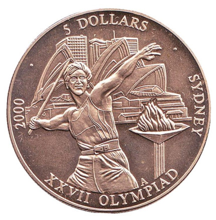 Монета 5 долларов. 2000 год, Либерия. (Отметка: "A") XXVII летние Олимпийские Игры. Сидней 2000.