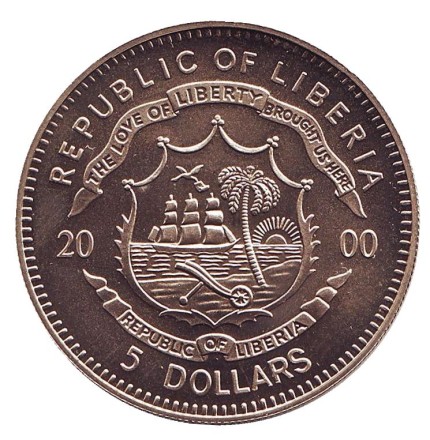 Монета 5 долларов. 2000 год, Либерия. (Отметка: "A") XXVII летние Олимпийские Игры. Сидней 2000. Монета 5 долларов. 2000 год, Либерия. (Отметка: "A") XXVII летние Олимпийские Игры. Сидней 2000.
