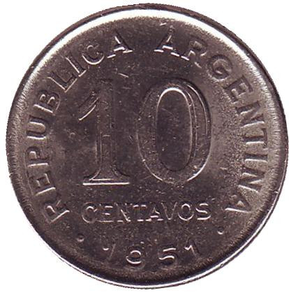 Монета 10 сентаво. 1951 год, Аргентина. Генерал Хосе де Сан-Мартин.
