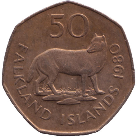 Монета 50 пенсов. 1980 год, Фолклендские острова. Лисица.